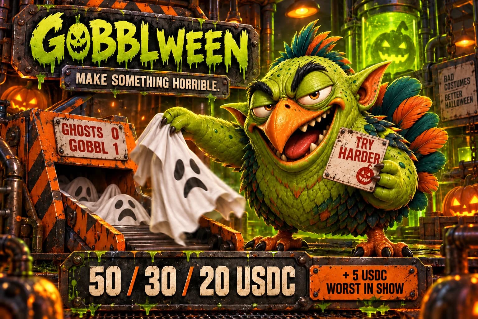 An unimpressed GOBBL beats sheet ghosts one to zero in a radioactive Halloween Meme Foundry beneath the GOBBLWEEN contest prizes.