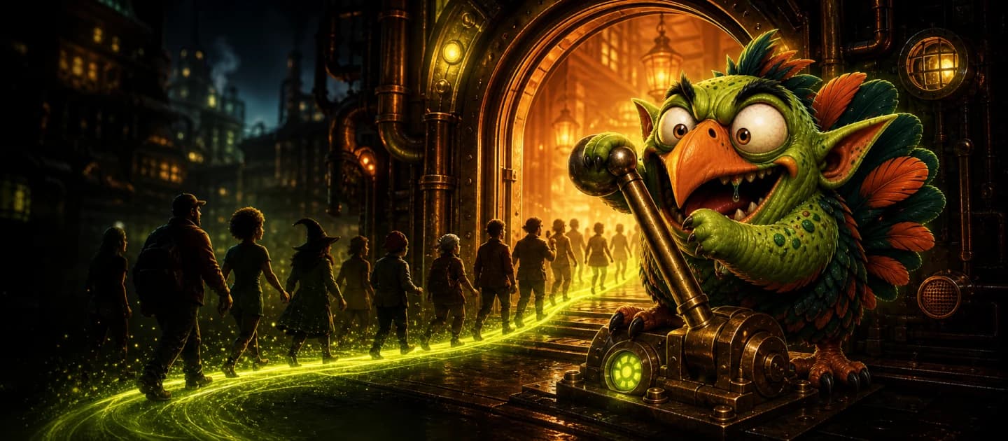 GOBBL welcoming a line of new community members through a glowing industrial entrance